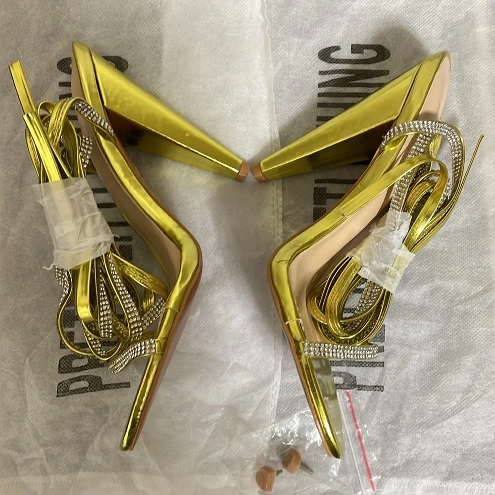 PrettyLittleThings GOLD DIAMANTE LACE UP CONE‎ HEELS size 5